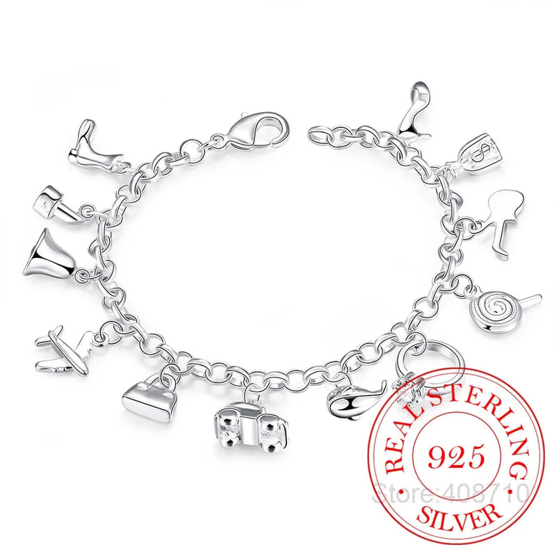 925 Silver Zircon Crystal Bracelets 12 Charms Bangles For Woman