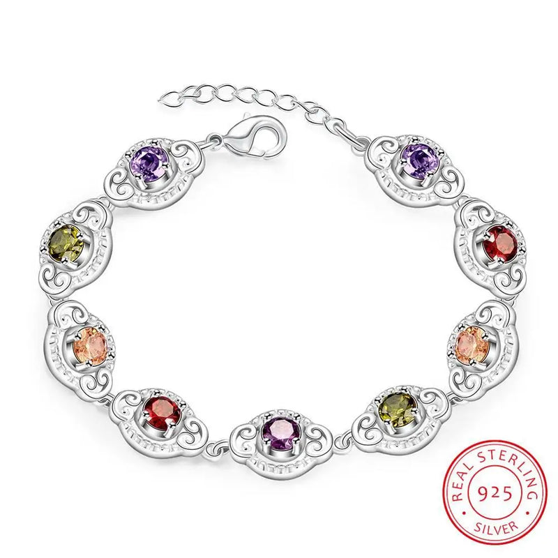 Colorful Zirconia Bracelets 925 Sterling Silver With Extender Lady Charm Bangle