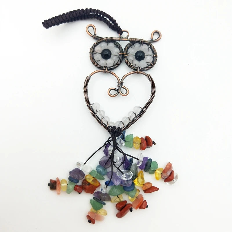 Pretty Owl Stone Car Pendant 7 Chakra Crystal Tassel Charms