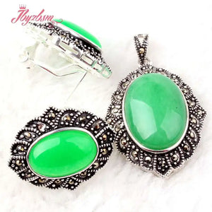 Oval Green Jades Stone Beads Marcasite Tibetan Silver Necklace Pendant Earrring