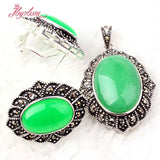 Oval Green Jades Stone Beads Marcasite Tibetan Silver Necklace Pendant Earrring