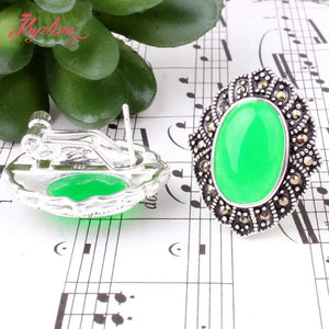Oval Green Jades Stone Beads Marcasite Tibetan Silver Necklace Pendant Earrring