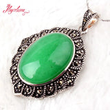 Oval Green Jades Stone Beads Marcasite Tibetan Silver Necklace Pendant Earrring