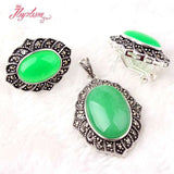 Oval Green Jades Stone Beads Marcasite Tibetan Silver Necklace Pendant Earrring
