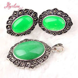 Oval Green Jades Stone Beads Marcasite Tibetan Silver Necklace Pendant Earrring