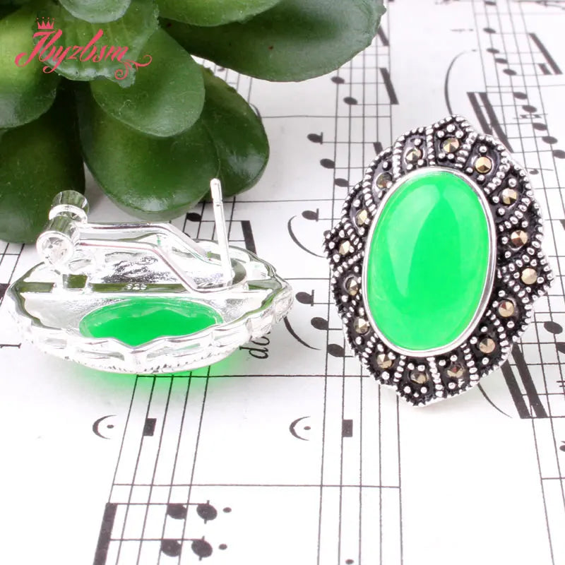 Oval Green Jades Stone Beads Marcasite Tibetan Silver Necklace Pendant Earrring