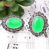 Oval Green Jades Stone Beads Marcasite Tibetan Silver Necklace Pendant Earrring