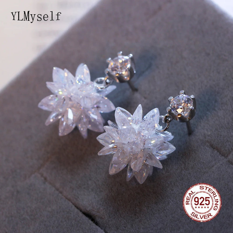 Sterling Silver Drop Earrings Snowflake Zircon Crystal 925 Fine Jewelry
