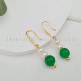 Style Akoya 4-5mm Pearl Green Jade Hook Earrings Elegant Lady Gift