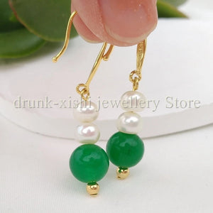 Style Akoya 4-5mm Pearl Green Jade Hook Earrings Elegant Lady Gift