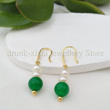 Style Akoya 4-5mm Pearl Green Jade Hook Earrings Elegant Lady Gift