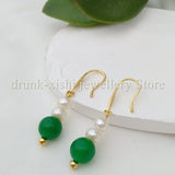 Style Akoya 4-5mm Pearl Green Jade Hook Earrings Elegant Lady Gift