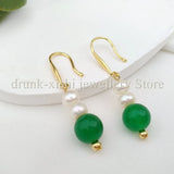 Style Akoya 4-5mm Pearl Green Jade Hook Earrings Elegant Lady Gift