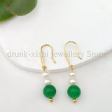 Style Akoya 4-5mm Pearl Green Jade Hook Earrings Elegant Lady Gift