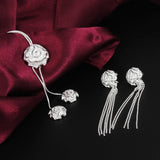 925 Silver Rose Flower Necklace Earrings Set Christmas Gift