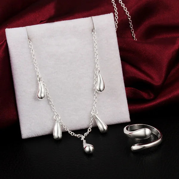 925 Silver Water Drop Rings Necklace Set for Christmas