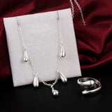 925 Silver Water Drop Rings Necklace Set for Christmas