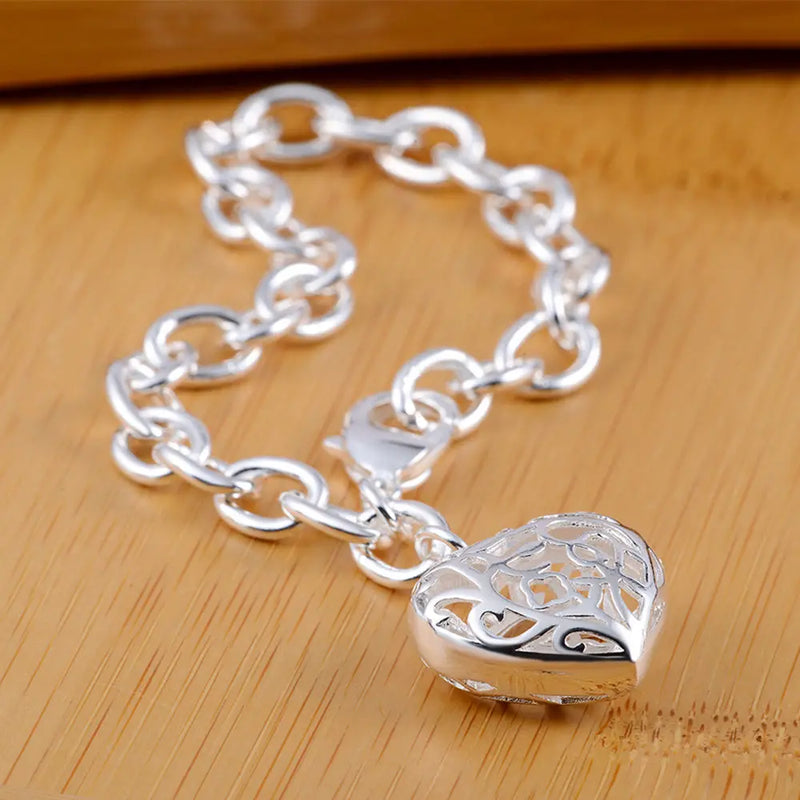 Romantic Hollow Heart 925 Sterling Silver Bracelet for Women