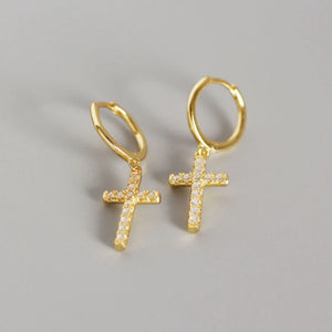 925 Silver Cross Crystal Diamond Zircon Hoop Earrings