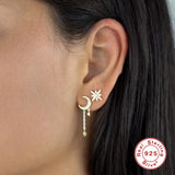 925 Silver Asymmetrical Star Moon Earrings Crystal Charms Studs