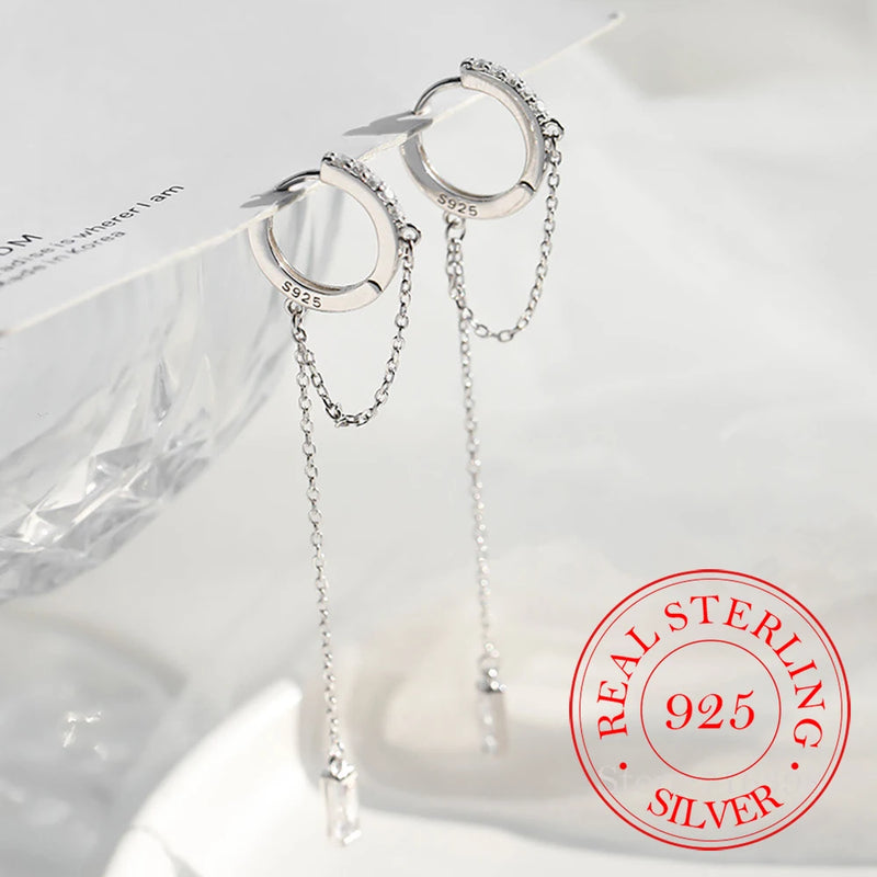 925 Silver Tassel Crystal Long Drop Earrings for Women
