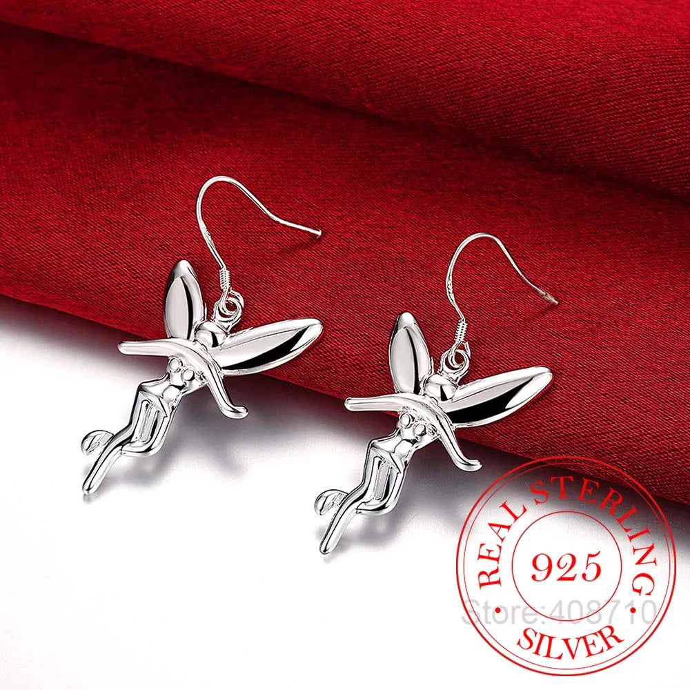 925 Sterling Silver Vintage Earrings for Women Angel Wing Long Ear Jewelry