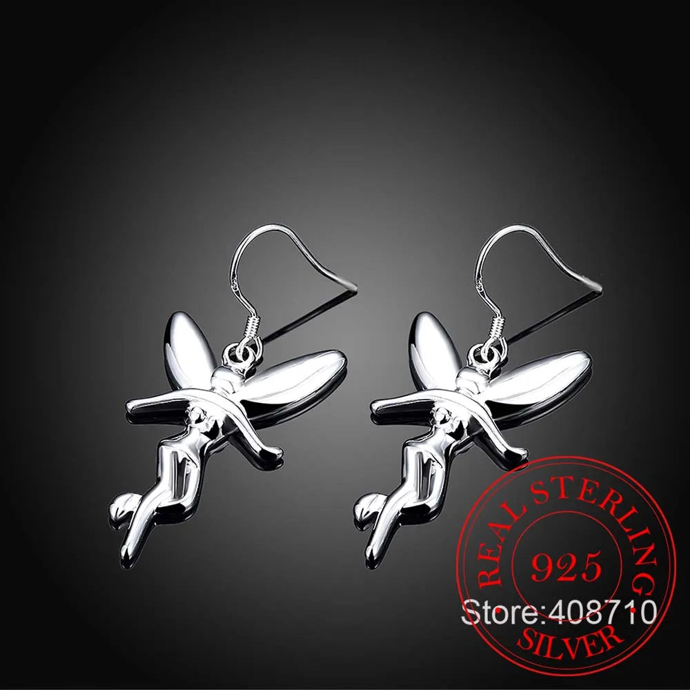 925 Sterling Silver Vintage Earrings for Women Angel Wing Long Ear Jewelry