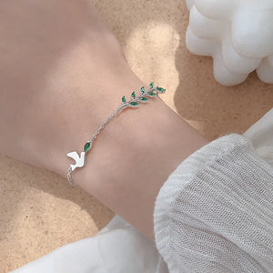 925 Silver Wedding Bracelet Crystal Leaf Bird Charm Jewelry