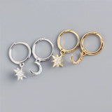 Silver Asymmetrical Star Moon Earrings Crystal Charms Stud Earrings