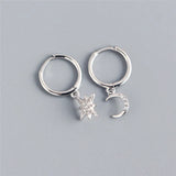 Silver Asymmetrical Star Moon Earrings Crystal Charms Stud Earrings