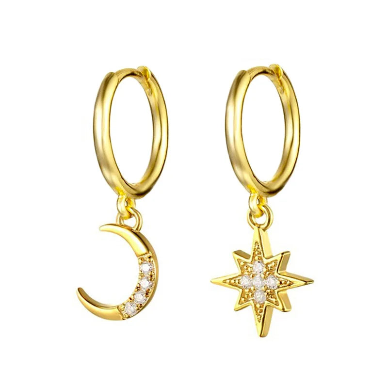 Silver Asymmetrical Star Moon Earrings Crystal Charms Stud Earrings