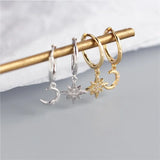 Silver Asymmetrical Star Moon Earrings Crystal Charms Stud Earrings