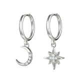 Silver Asymmetrical Star Moon Earrings Crystal Charms Stud Earrings