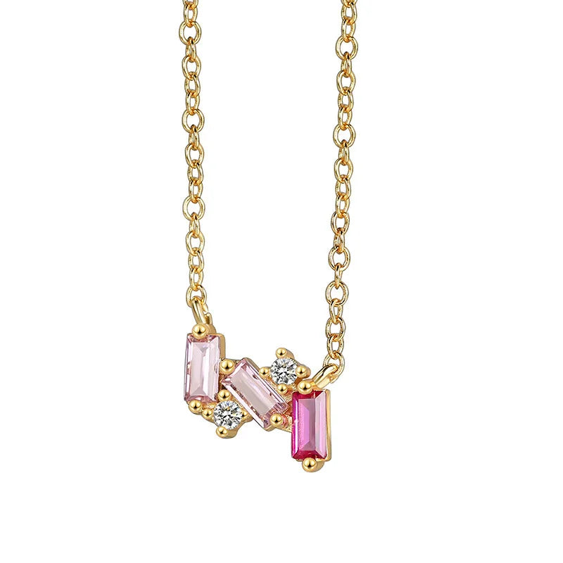 Pink Dazzling CZ Necklace Women Girls Zircon Clavicle Chain Wedding Jewelry