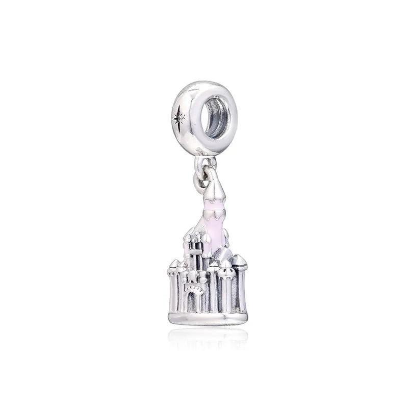 Princess Castle Charms Silver 925 Pink Enamel Beads for Jewelry Making