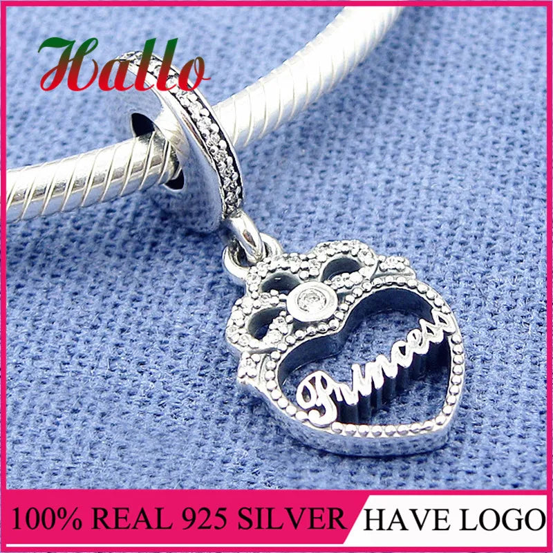Princess Crown Heart Dangle Charm Bead for 925 Silver Bracelet