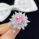 Pink CZ Zircon Silver Adjustable Engagement Ring for Women