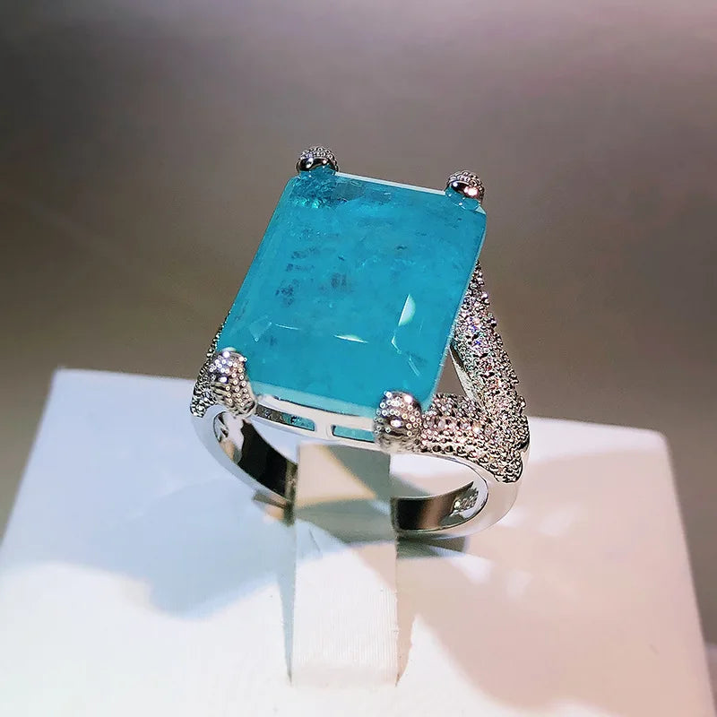 Princess Cut Square Paraiba Tourmaline Ring Women Silver Wedding Bands