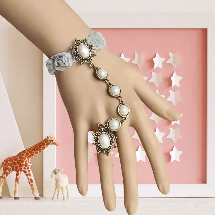 Princess Lolita Grey Rose Lace Pearl Bracelet & Ring Set