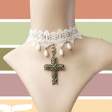 Vintage Lace Lolita Necklace Cross Pearl Drop Accessory