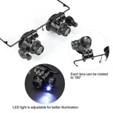 Double Eye Glasses 20x Magnifying Magnifier Jeweler Tool with LED Light