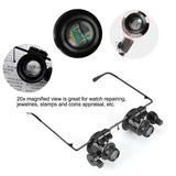 Double Eye Glasses 20x Magnifying Magnifier Jeweler Tool with LED Light