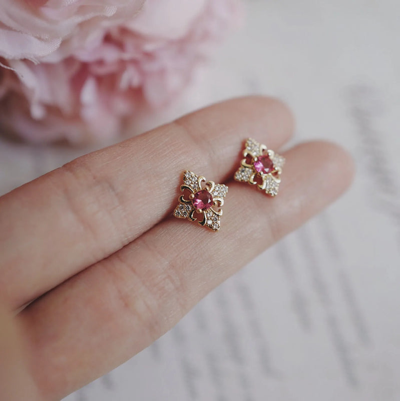 925 Silver Wild Ruby Zircon Cross Stud Earrings Wedding Jewelry