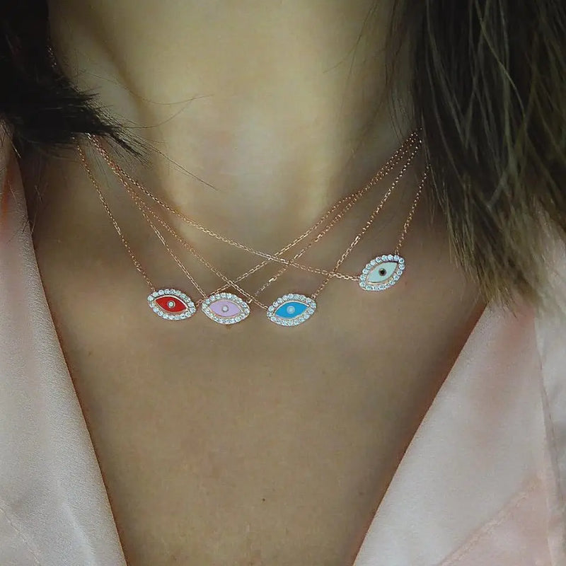 Hamsa pink red Eyes charm pendant 925 Silver Necklace