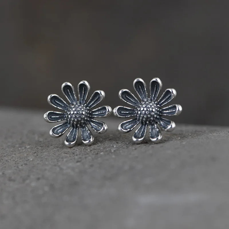 Silver Daisy Flower Stud Earrings for Women