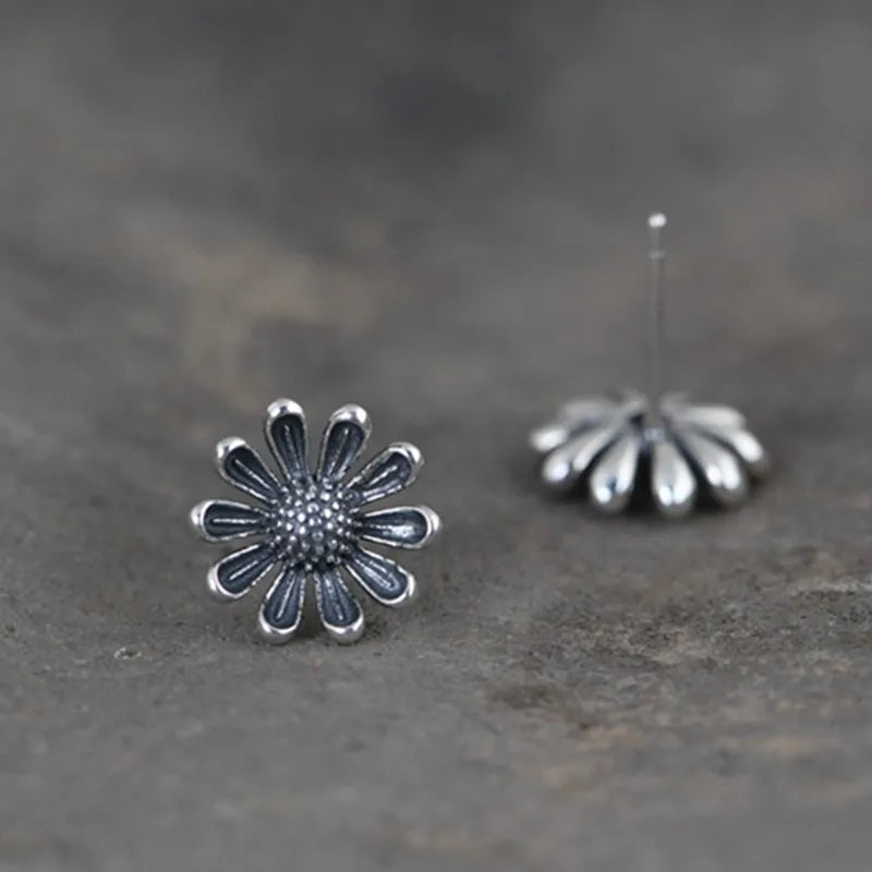 Silver Daisy Flower Stud Earrings for Women