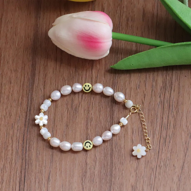 7-8mm Oval Pearl Beads 6 Leaf Flower Daisy MOP Girl Bracelet