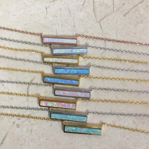 Opal Bar Charm Necklace 925 Sterling Silver Geometric Women Jewelry