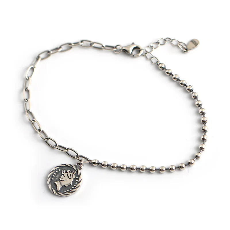 S925 Silver Bracelet w/ Portrait Tag Round Bead Chain