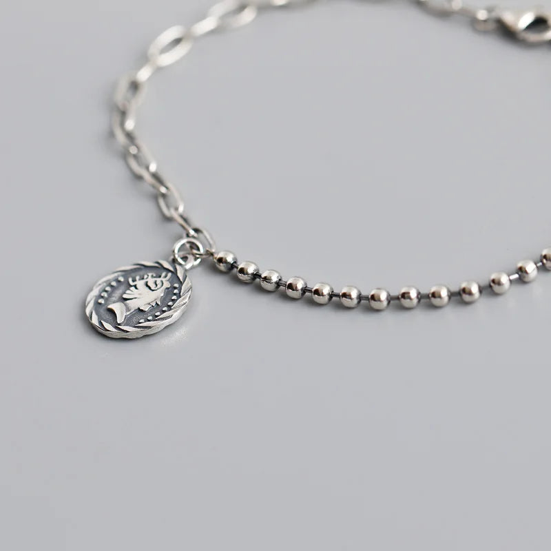 S925 Silver Bracelet w/ Portrait Tag Round Bead Chain